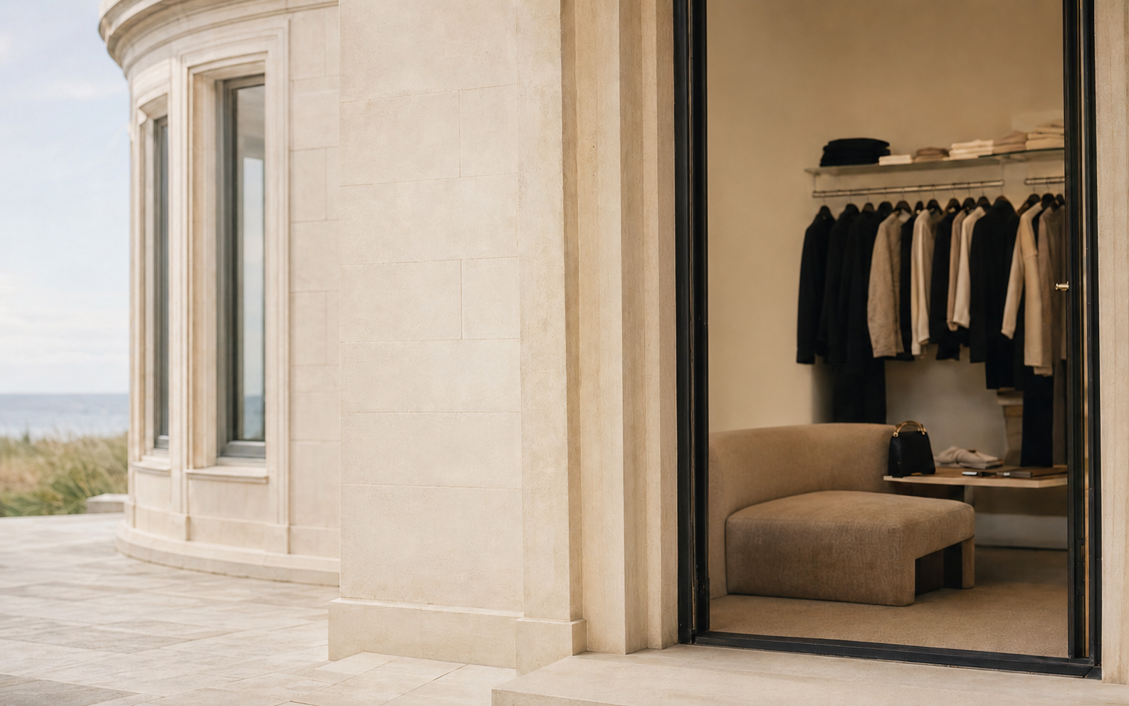 The warm neutral exterior and interior of an elegant coastal boutique
